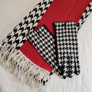 London Fog Red and Black Houndstooth Scarf and Gloves Set